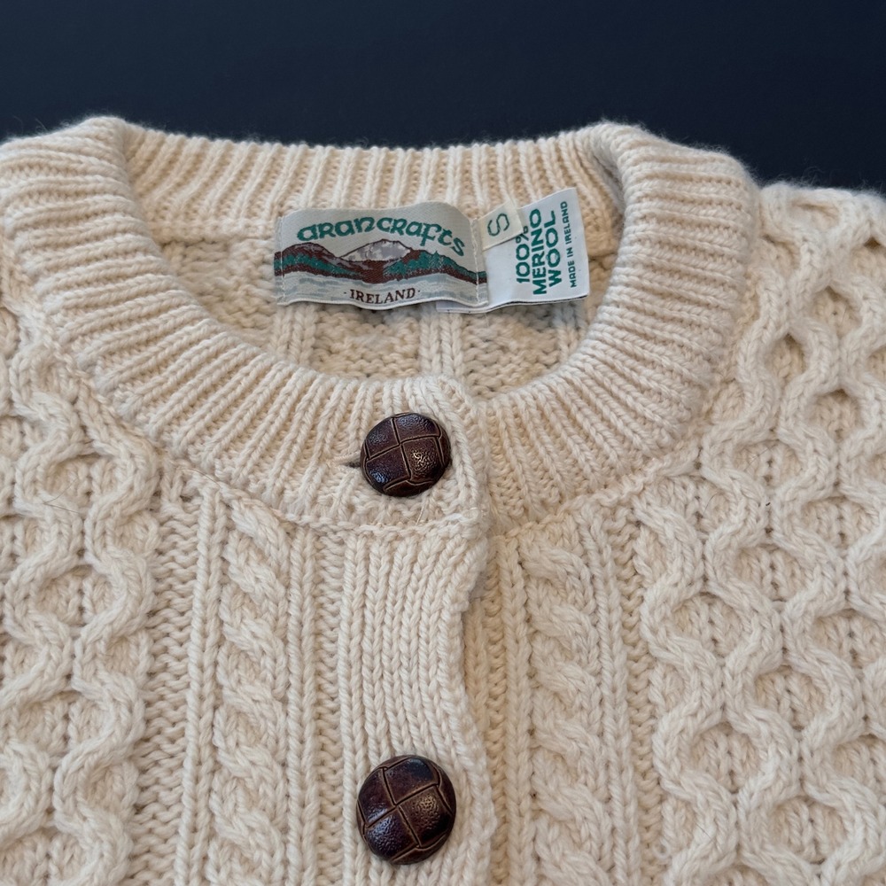 Aran Crafts Ireland Merino Wool Cable Knit Cardigan Sweater Cream Womens Small - Picture 2 of 9